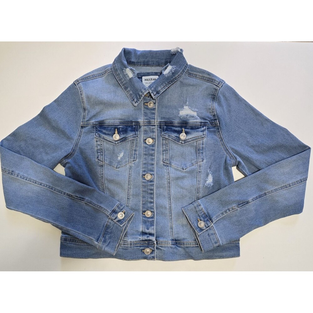 Wax Jeans Women’s Distressed Denim Jacket Light Wash Button Front Size Medium